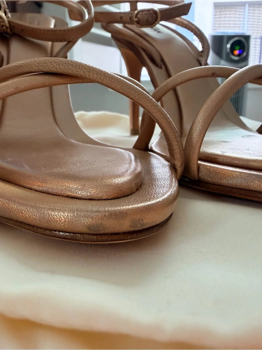 Alexandre Birman Rose Gold/Bronze Iridescent Strappy Stiletto Sandals